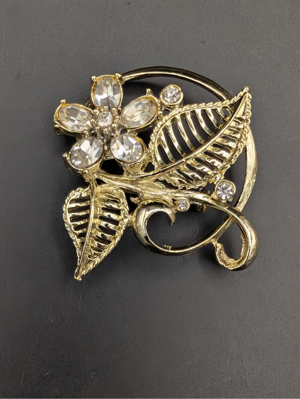 Flower Brooch Clear Rhinestone Floral Leaf Pin 1.75